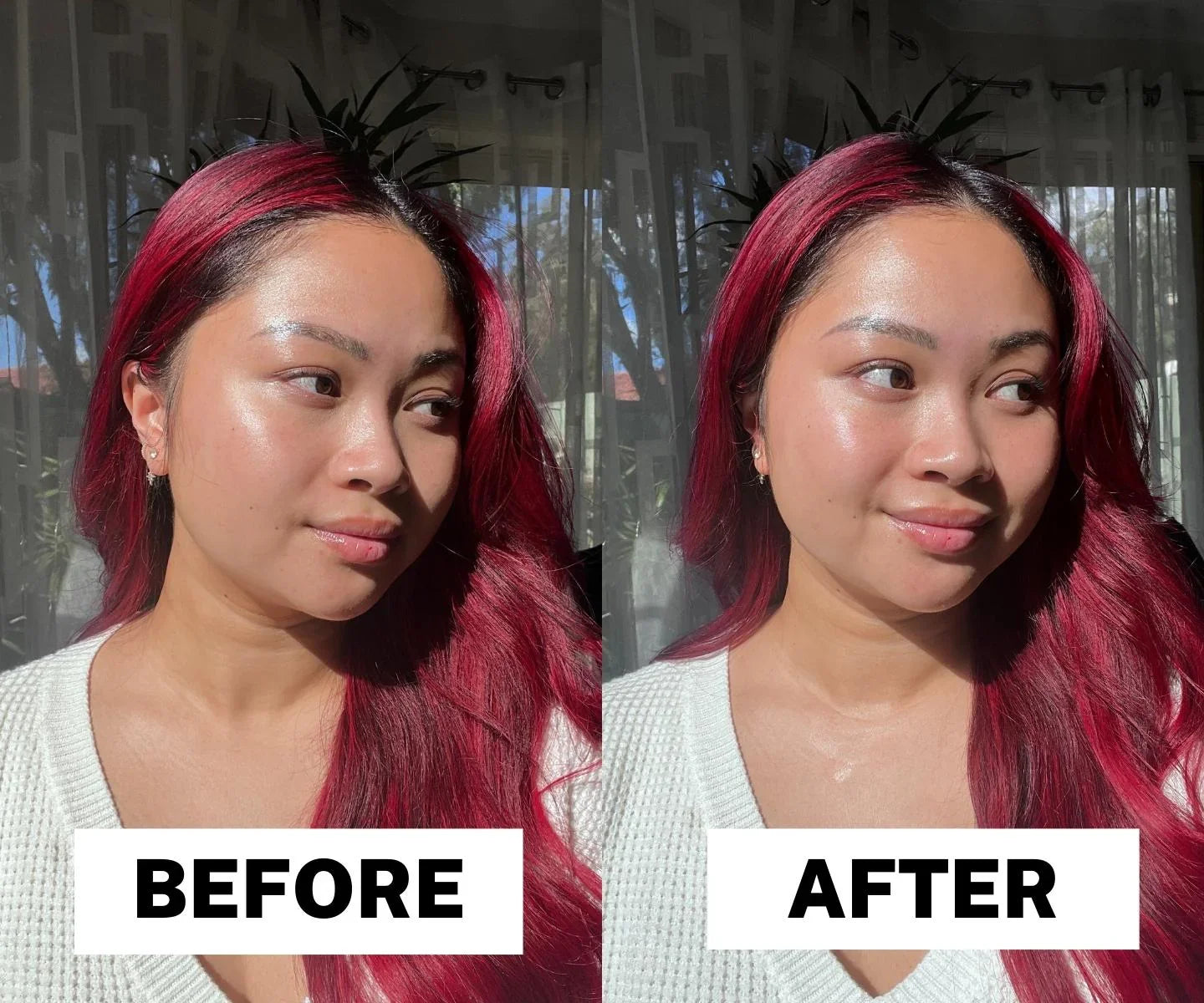 Side-by-side comparison of a woman with red hair labeled 'Before' and 'After'.
