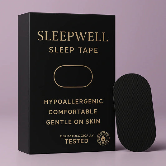 Sleepwell sleep tape packaging with a black sleep tape on a purple background